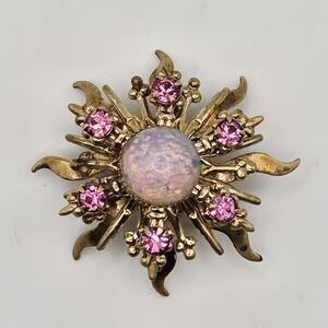 Vintage Starburst Brooch Gold Tone Pink Rhinestones Fire Opal Cabachon 1950s-60s